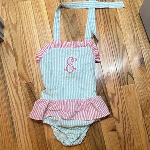 Girls Seersucker One-Piece Swimsuit with Pink Trim
